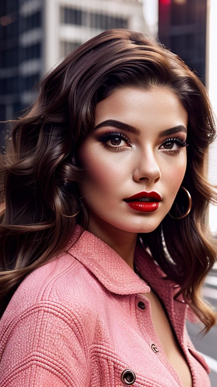 "resolution, realisitic, young woman, 19 years old, Bust Big, detailed face and body ,red lips, Vibrant, photorealisitic, hight contrast,, fashionable outfit, stylish makeup and hair,,,,,,,,,,, confident with tousled waves and soft pink lips, posing in front of a monochromatic urban scene, enhanced by fractal details.