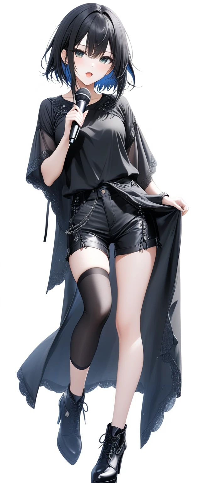 (((White background:1.5)))、(A Scandinavian gothic metal girl singing with a microphone in both hands and an open mouth),(The entire subject is captured),(((full body:1.2))),(very wide shot)、(masterpiece、Ultra HD、Highest quality、Masterpiece、4K:1.2)、Slender body、Intense gaze into the camera, Highly detailed eyes, Highly detailed fingers、Short black hair、Top is a shirt、Shorts underneath, Wearing high heels、Dynamic pose、singing coolly、frontal face