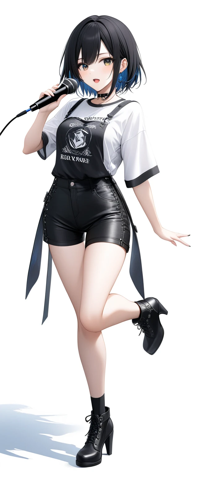(((White background:1.5)))、(A Scandinavian gothic metal girl singing with a microphone in both hands and an open mouth),(The entire subject is captured),(((full body:1.2))),(very wide shot)、(masterpiece、Ultra HD、Highest quality、Masterpiece、４K:1.2)、Slender body、Intense gaze into the camera, Highly detailed eyes, Highly detailed fingers、Short black hair、Top is a shirt、Shorts underneath, Wearing high heels、Dynamic pose、singing coolly、frontal face