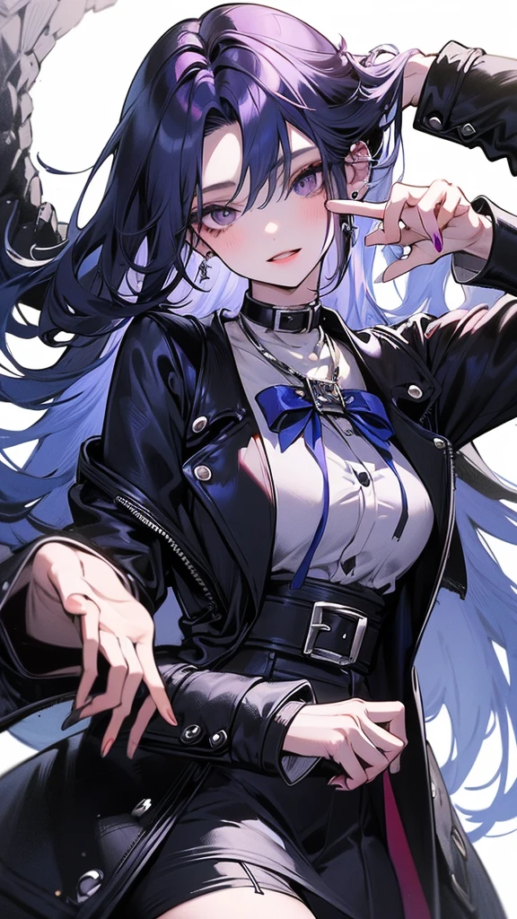 (Top resolution、Distinct_image)top-quality、(A girl) 、masterpiece、highly detailed, half body, Semi-realistic、 ( purple eyes ) 、18year old,
( blue hair ) ,young 、Exquisite facial features、Facial features ,variation potrait, long hair , teenage, cool , cold sharp eyes, , {Very detailed 8k CG unit wallpaper}, students, whit oversized shirt , black tie, music classroom, (blue jacket on top)