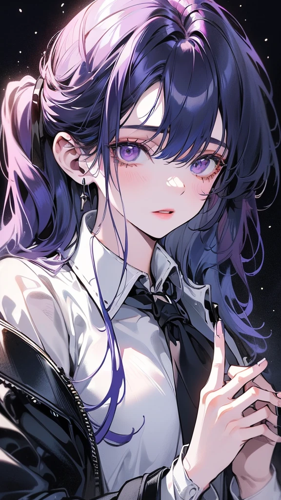(Top resolution、Distinct_image)top-quality、(A girl) 、masterpiece、highly detailed, half body, Semi-realistic、 ( purple eyes ) 、18year old,
( blue hair ) ,young 、Exquisite facial features、Facial features ,variation potrait, long hair , age, cool , cold sharp eyes, , {Very detailed 8k CG unit wallpaper}, students, whit oversized shirt , black tie, music classroom, (blue jacket on top)