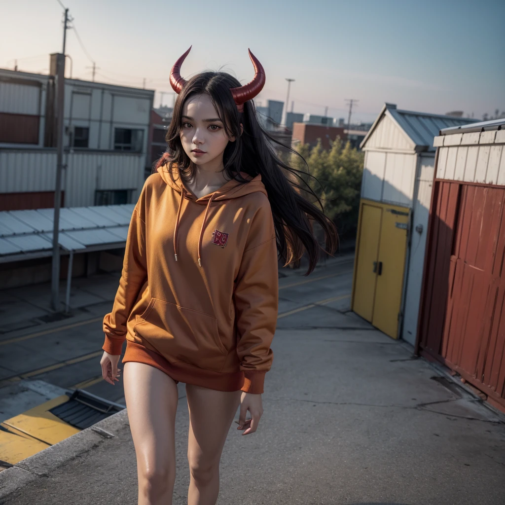Succubus, red skin, small horns, yellow eyes, long black hair, red hoodie, walking on the roof