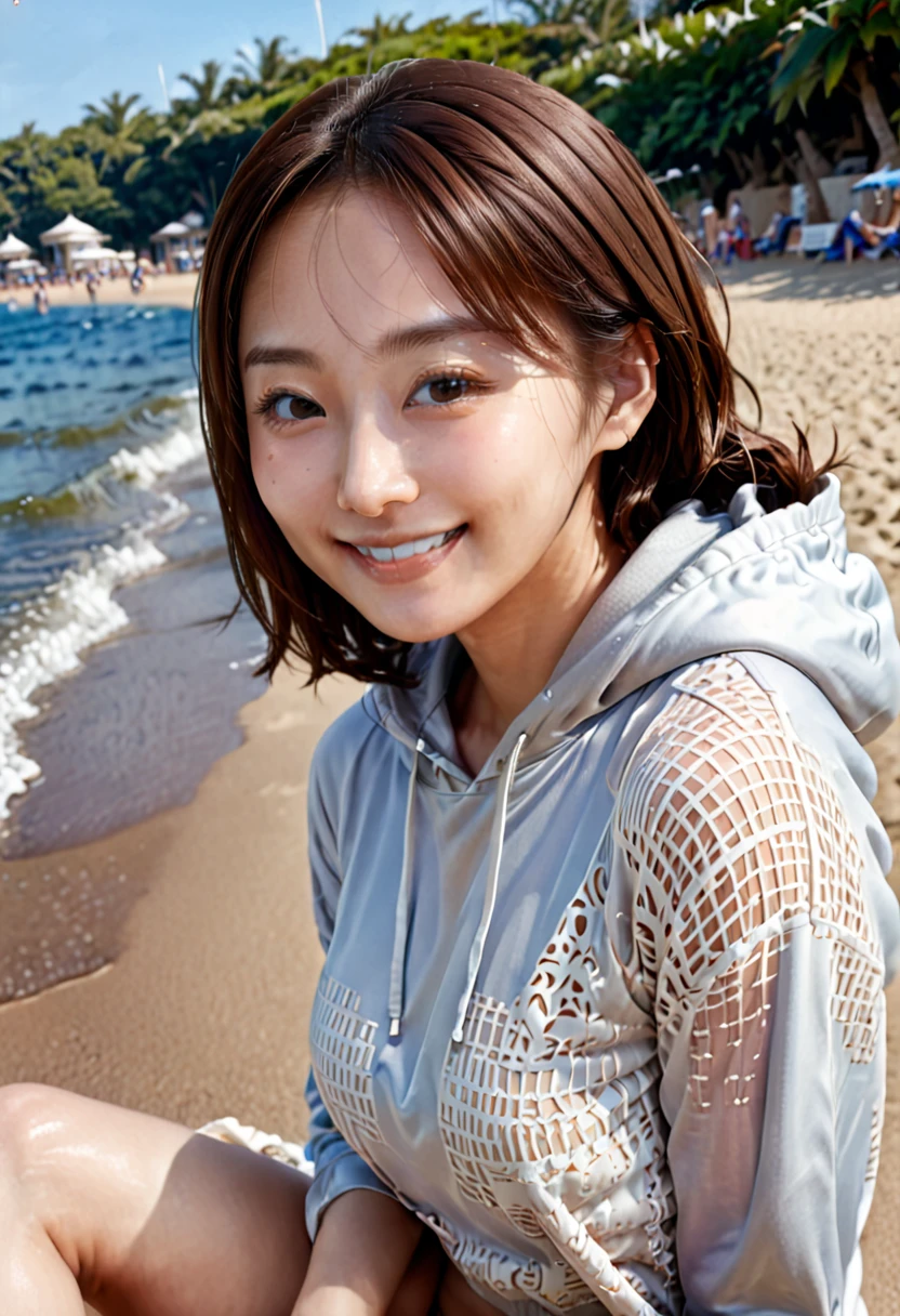 (High quality, 8K ,Wallpaper), (Very delicate and beautiful), (Must see), (Top quality: 1.0), (Ultra high quality: 1.0), (Realistic), Masterpiece, Top quality, 4k, High resolution, Realistic, Raw photo, Fine, lustrous skin, Japanese woman, 20 years, (Lifeguard chair: 1. 4), sitting, legs crossed, looking, gently smiling, brown hair half up, brown eyes, wearing one piece swimming costume with intricate lace pattern, (wearing hoodie: 1.3), summer beach scene, realistic shadow, (high resolution), fine skin, super fine, slim body, thin collar bone, cheeks, realistic face, realistic eyes ( small eyes, happy smile), (low angle shot: 1.2),