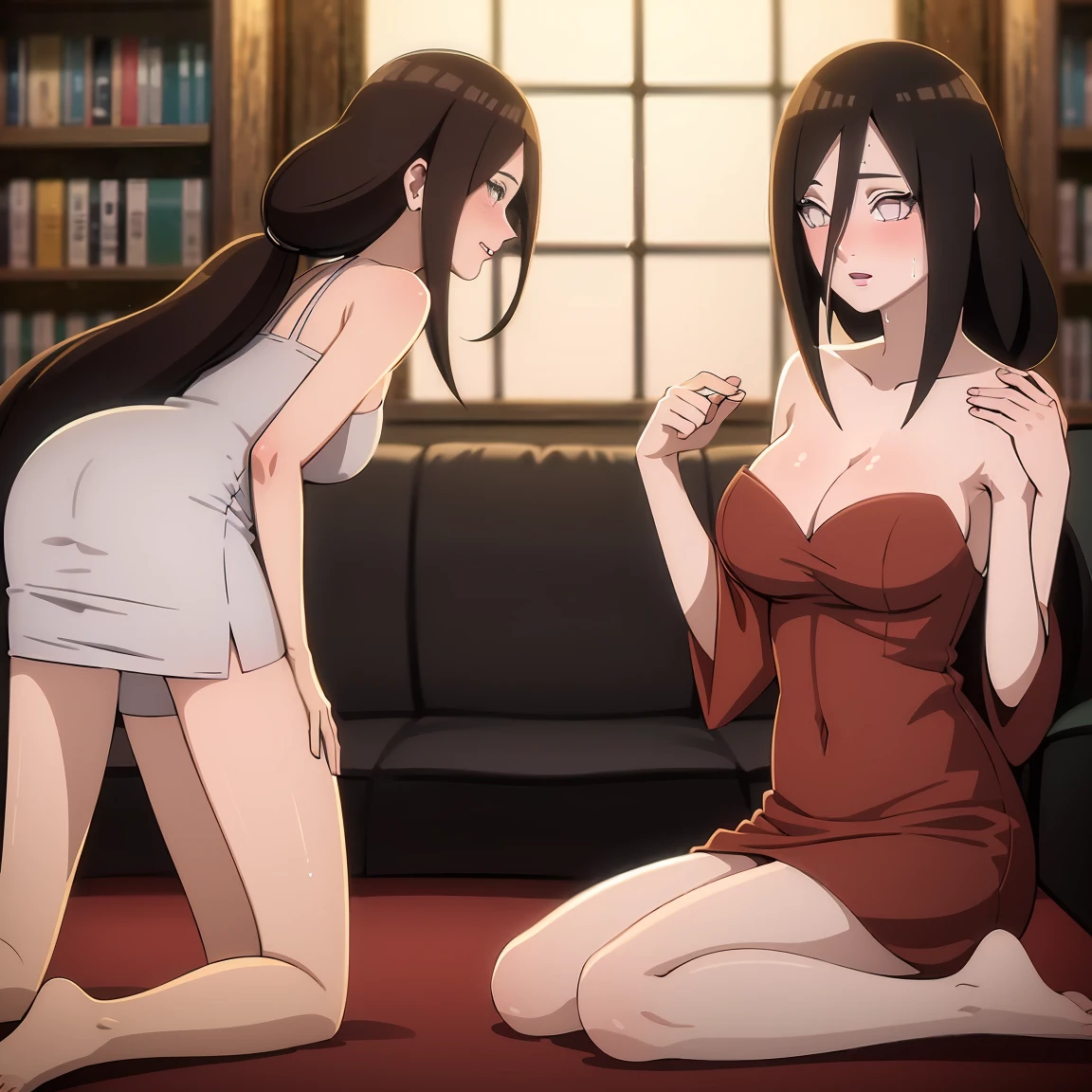 masterpiece, Very detailed, best quality, Ultra-high resolution, 1 Girl, Solitary, （Snow outside the window，On the sofa，Sweating，blush），(中等breast), breast, (Hana and Hinata:1), (dress，Kneeling), cleveage, From the front，sit，On the sofa上，black eyes，White eyes，library，