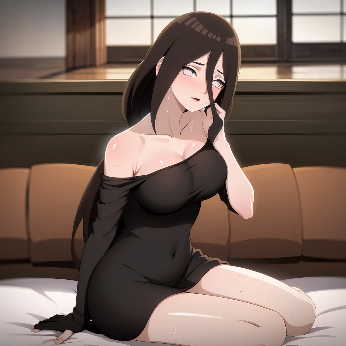 (((nude, naked))),Made, absurderes, Hinata\(Boruto\), 1girll, Dressed in a secretary's uniform,Wearing one-piece black stockings,with tattoo on the arm,Black shirt,Sad smile, Super realistic, Detailed, photoshoot, Realistick faces and bodies,(perspire,Sweat a lot,Blushlush,Be red in the face,I had a lot of sweat on my face,Blushlush,In luxury hotels,Lie down in bed,Enchanting pose,spreading legs, kneeling, hairy pubic hair,