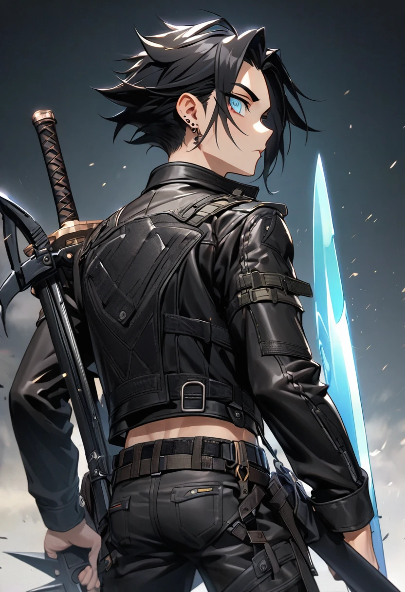 anime styling, Qin Yu, a young man with black hair and piercing eyes, wears a sturdy leather jacket and tactical pants. He holds a long, gleaming sword on his back and several daggers strapped to his belt.. He&#39;s standing in an apocalyptic city, with ruins of modern buildings around, debris in the streets and vegetation beginning to take over the structures. The sky is cloudy and gloomy with a sunset orange hue. Little drones float around you, and there is an aura of bluish light emitting from the technological device on his left wrist.