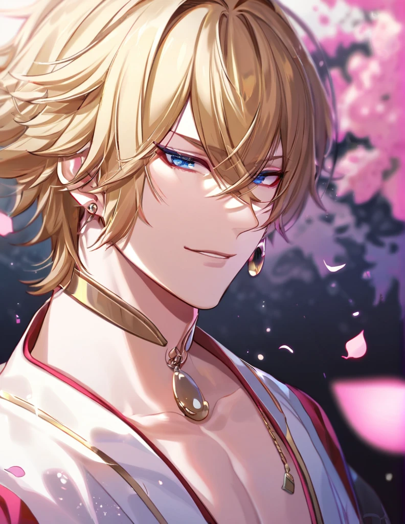 (absurdres, highres, ultra detailed, HDR), master piece, best quality, perfect face, delicate features, vibrant blue eyes, solo, man, handsome, Taishakuten, ash-blond hair, hair between the eyes, white tunic, showing the chest, lotus earrings, onmyoji, pink moon, pink flames, pink petals, pink butterflies, angry, 