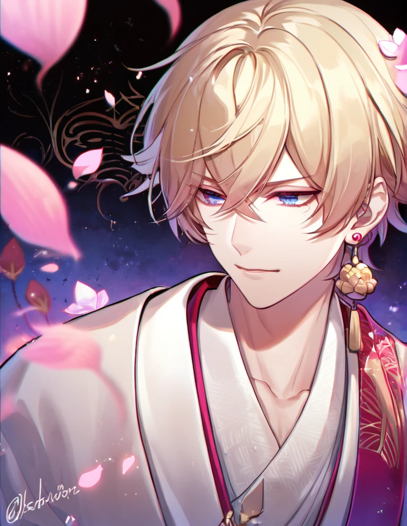 (absurdres, highres, ultra detailed, HDR), master piece, best quality, perfect face, delicate features, vibrant blue eyes, solo, man, handsome, Taishakuten, ash-blond hair, hair between the eyes, white tunic, showing the chest, lotus earrings, onmyoji, pink moon, pink flames, pink petals, pink butterflies, angry, 