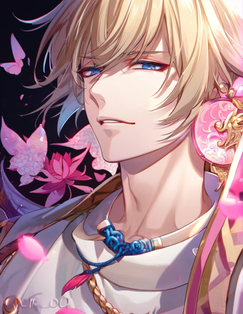 (absurdres, highres, ultra detailed, HDR), master piece, best quality, perfect face, delicate features, vibrant blue eyes, solo, man, handsome, Taishakuten, ash-blond hair, hair between the eyes, white tunic, showing the chest, lotus earrings, onmyoji, pink moon, pink flames, pink petals, pink butterflies, angry, 