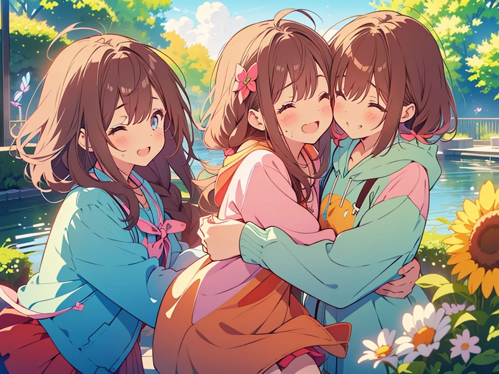 kawaii, anime, Cute, hyper quality, highly detailed, 8k, Clarity, Two girls with brown hair and pink hair, One person has long dark brown hair and green eyes., The other is a young girl with a bright pink short bob and scarlet eyes., Hug each other in Europe's natural water gardens, shed tears, A touching reunion, warm atmosphere, clear blue sky, jump on, whole body, clear air, planted flowers and greenery, Draw facial expressions in detail, highlight on eyes, Close your eyes and cry and laugh, pull perspective, hoodie, Uplifting, jump and hug, Draw the whole body of both of them, light dances, pink hair, Netherlands, pick up a , A small butterfly of light dances,