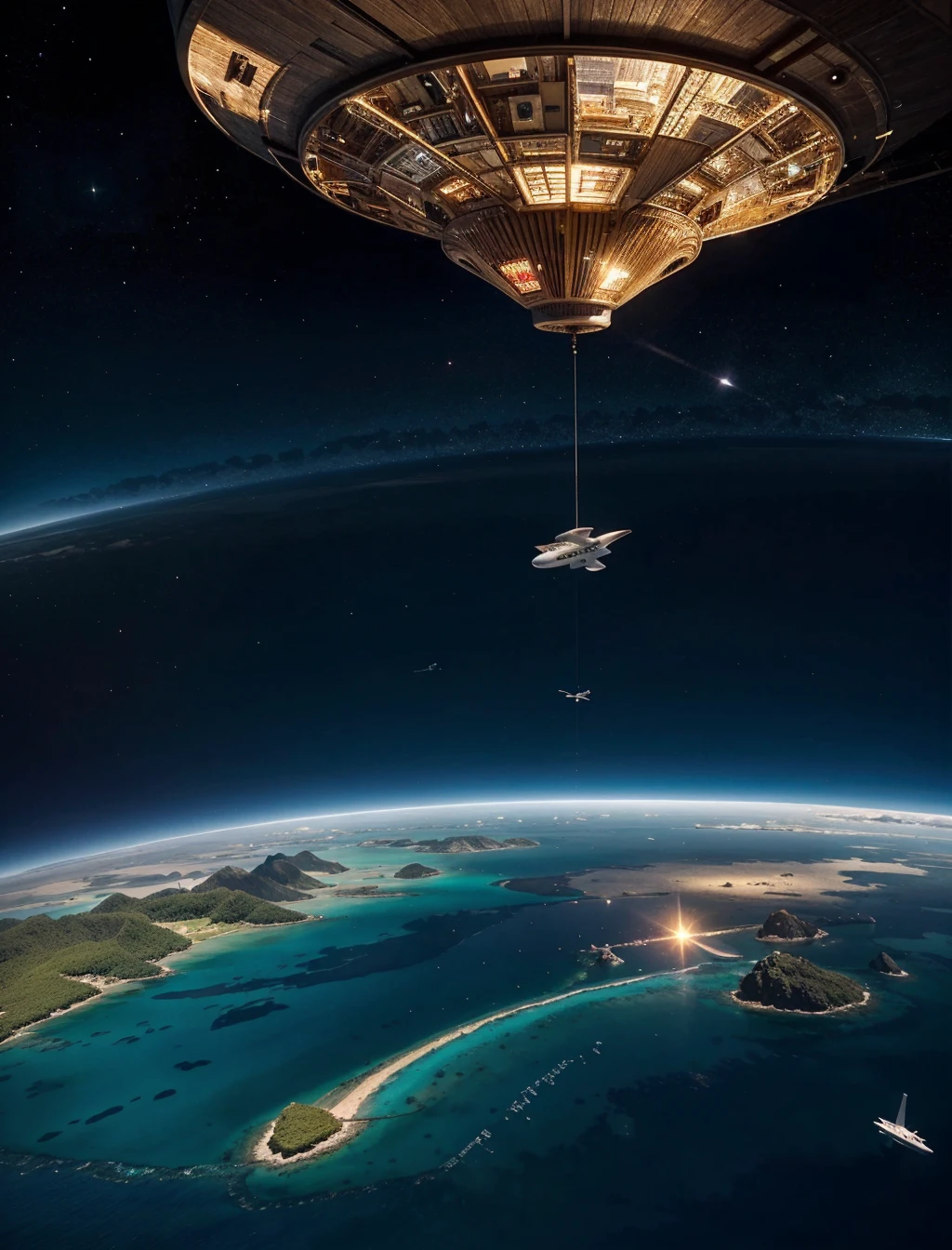 Many islands are suspended in the air, There are many small spaceships flying around., cities, Fantasy, Young woman, gorgeous, dress, super figure, super quality