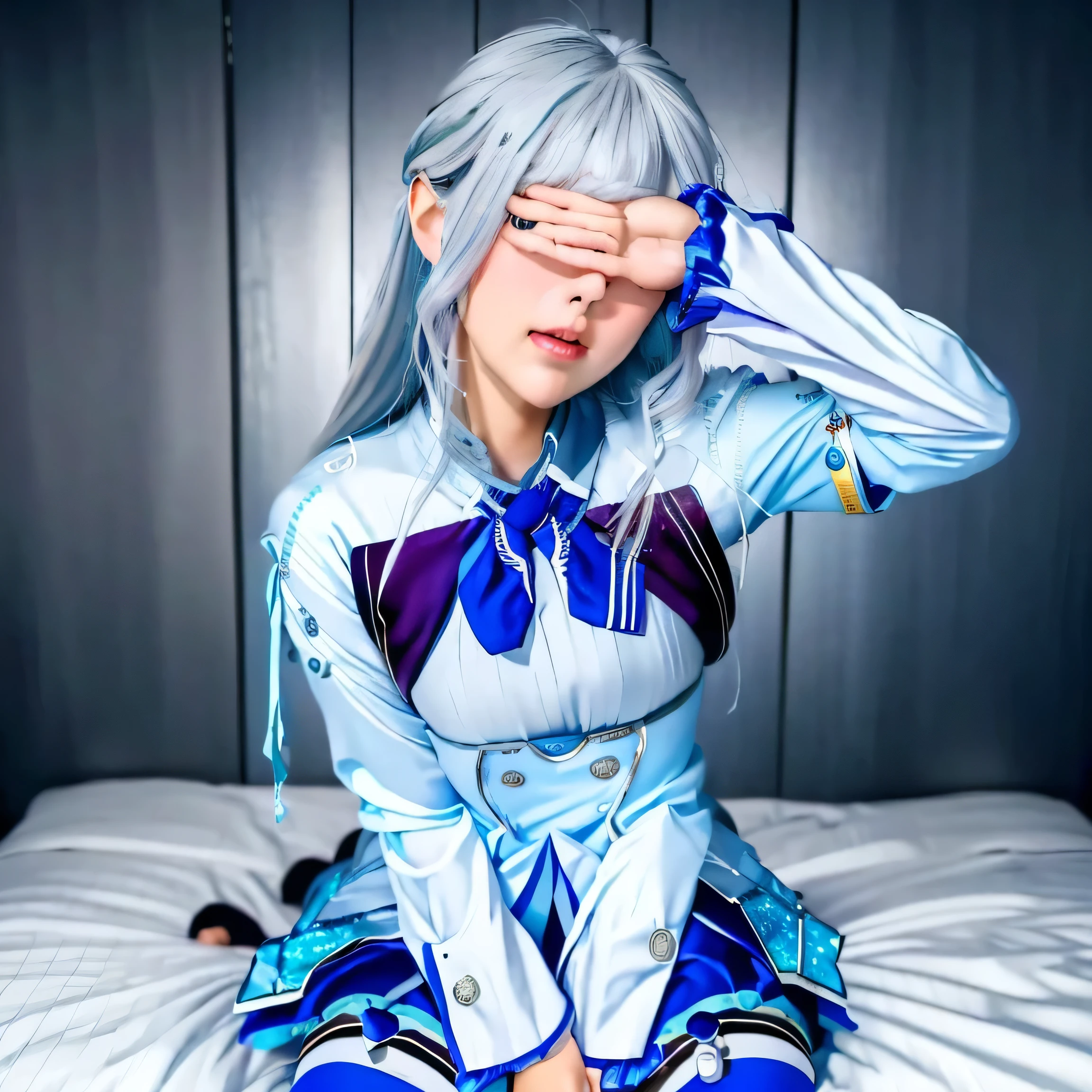 covering eyes,(((Liz Hellesta))),(Liz Hellesta髪),((Dressed seriously)),(((Do not expose breasts))),masterpiece, Highest quality ,(1 beautiful woman), Liz Hell,cameltoe,(Straight gray straight hair,((Bangs)),((Beautiful Japanese woman face)),Thin face,((Thin cheeks)),Beautiful woman face,Precise depiction,Excellent costume design, (Small breasts), Slender upper body,(8k Full Body RAW Photo), (Highly detailed skin: 1.2), ((Oily skin)),smile, Highly detailed face, ((Grey Hair)),fine grain, (((Sweaty body))), (((Oily skin))),Inside the room,1 Girl,Open your mouth,(((Open your eyes))),(((View your viewers))),Look this way,(((Open your eyes))),(((Open your eyes))),,(Realistic:1.0),Front view,1girl,Hair Ornament Net、Long Hair、Long sleeve、((Blue thigh-high socks in silk fabric))、((Armband))、Blue pleated mini skirt、((White jacket, cotton material))、(tight white shirt)、Blue Skirt、((Metallic black thigh straps)),(((Front view))),View your viewers,((Open your mouth)),Showing teeth,Constricted eyes,(((blush,shame))),(((Puzzled expression))),Ecstasy, Heavy breathing, Open your mouth, Female orgasm,