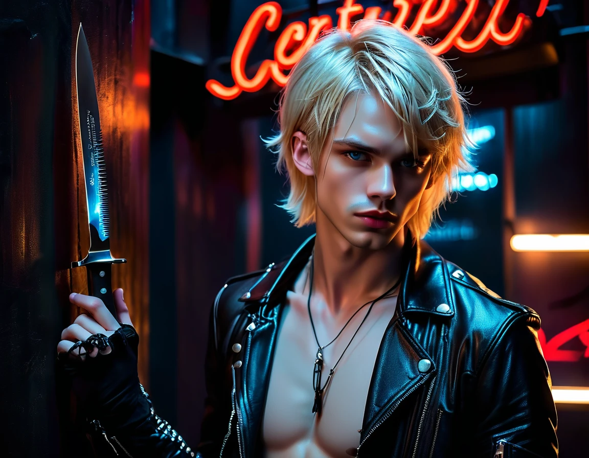 Hyper realistic, dark vibes, solo, young man, feminine face, 22 years, pale skin, model (skinny:1.2), blue eyes, (short textured blond hair:1.2), tussled side swept fringe to the right, black leather jacket, holding sharp knife, dark lighting, night BDSM club background, foreboding, sexy, attractive, demon, incubus, evil, dark, sadistic expression (smirk:1.1), (red neon sign din background that says "CONTEXT":1.2)