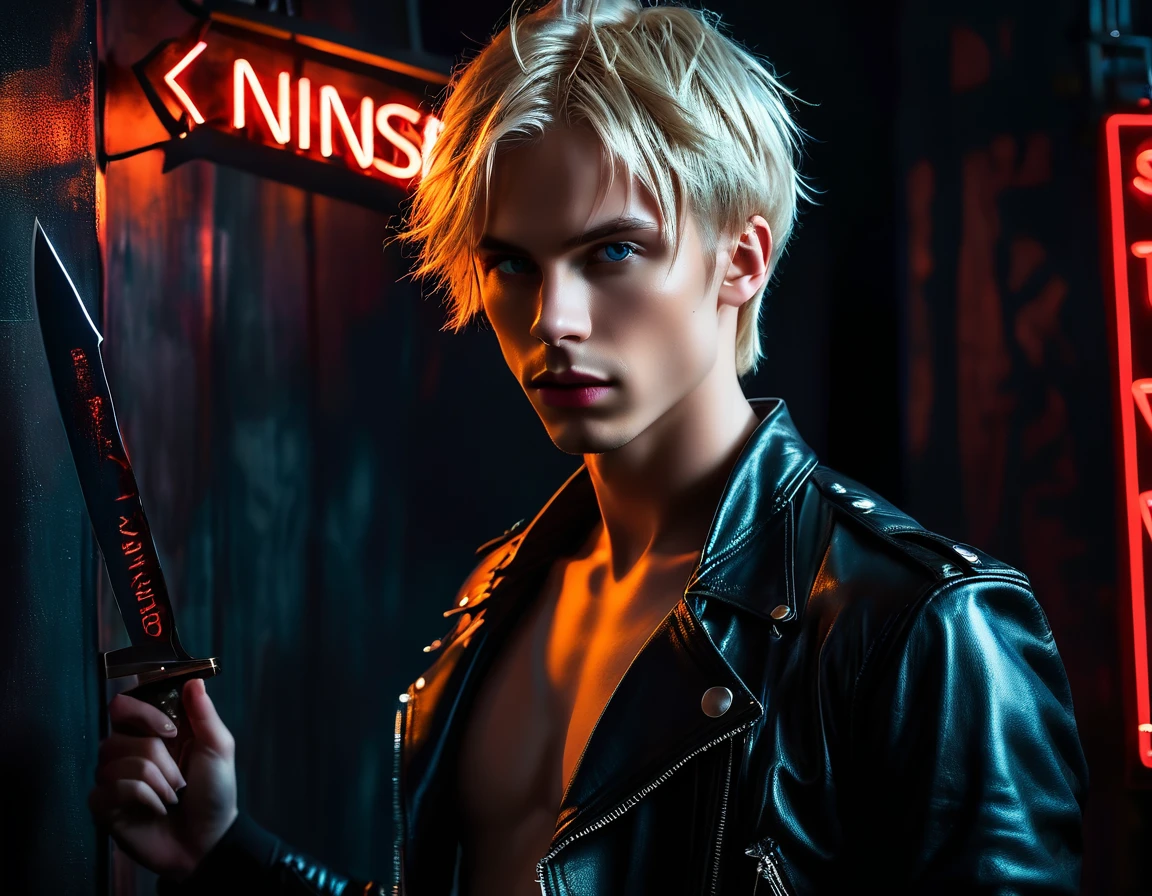 Hyper realistic, dark vibes, solo, young man, feminine face, 22 years, pale skin, model (skinny:1.2), blue eyes, (short textured blond hair:1.2), tussled side swept fringe to the right, black leather jacket, holding sharp knife, dark lighting, night BDSM club background, foreboding, sexy, attractive, demon, incubus, evil, dark, sadistic expression (smirk:1.1), (red neon sign din background that says "CONTEXT":1.2)