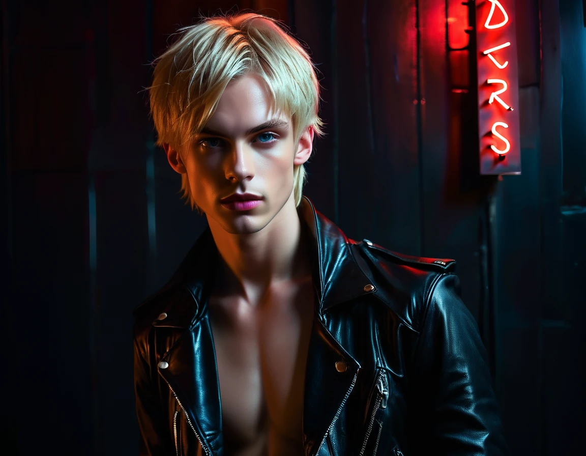 Hyper realistic, dark vibes, solo, young man, feminine face, 22 years, pale skin, model (skinny:1.2), blue eyes, (short textured blond hair:1.2), tussled side swept fringe to the right, black leather jacket, holding sharp knife, dark lighting, night BDSM club background, foreboding, sexy, attractive, demon, incubus, evil, dark, sadistic expression (smirk:1.1), (red neon sign din background that says "CONTEXT":1.2)