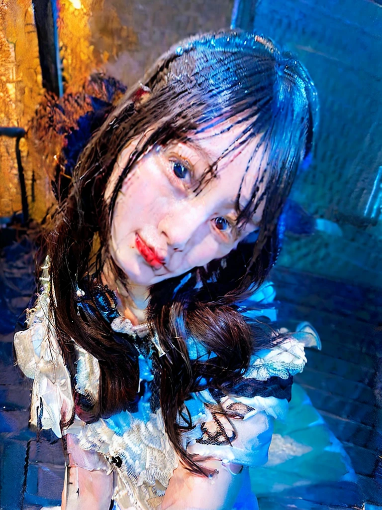 (top-quality、8k、32K、masuter piece、nffsw:1.2)、、profile、(slim figure:1.2)、(s lips) 、17 age、Pink blouse、Colossal 、double eyelid、shinny skin、Realistic rayare、beauitful face、(A smile:1.3)、crouching down、(From  above:1.2)、(a closeup:1.4)、blurry backround、(Front Focus)、(dark: 1.6)、Fantasy Art、photoRealstic、Professional Lighting、extra detailed face、Award-winning、deep-shadows、brown hair,ズームレイヤー, captures a selfie:1.5