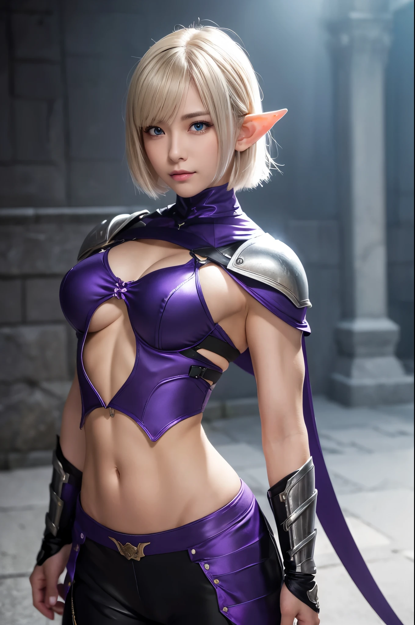 8k、Short blonde bobヘアのエルフ、Super Beauty(Realistic)、Alafeid woman dressed in purple and black、Ultra-detailed fantasy characters、3D Rendering Character Art、blue eyes、Detail Fantasy、Stunning Armor、Amazing character art、Gorgeous Female Paladin、Ultra-high resolution、Ultra-Realistic Skin、Beautiful expression、Sexy Appearance、Fascinating、Beautiful small breasts、Rich colors、Backlight、Cinema Lighting、Film Grain、50mm lens、Nikon D850、Fantasy art、Dynamic fighting poses、In the dark dungeon、make、Elf Ears、Very muscular and slim build、Very strong and toned abdominal muscles腹筋(Six Pack)、Silver hair ornament(one point)、Purple and black combat pants、湾曲した銀2Hold two swords in each hand、Preparing for battle、Short blonde bob,Strengthen all body muscles,Very strong and toned abdominal muscles(Six Pack),2Hold two swords in each hand,With silver and purple ribbon,Amazing muscles,Bodybuilding,