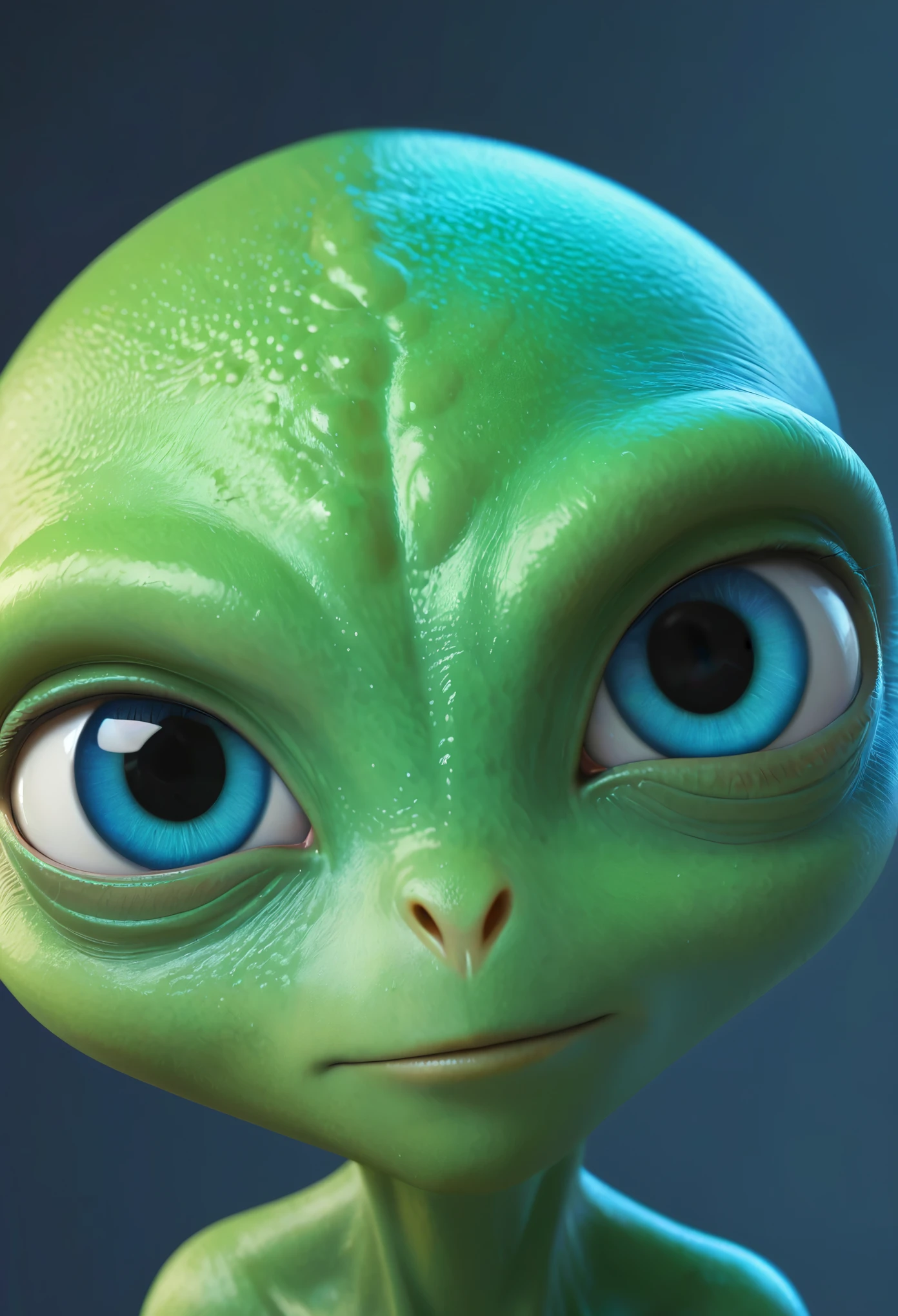 big eyes, green alien male, good mood, close-up, trending on artstation, sharp focus, studio photo, realistic style, big midnight blue eyes, alien nose