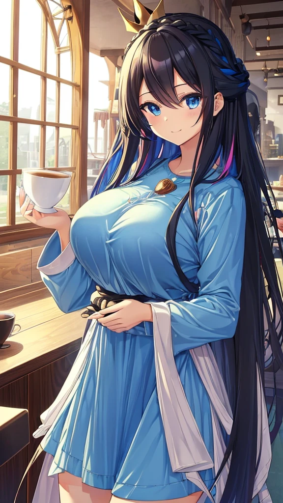 best quality, extremely detailed,anime style girl,long hair down to the waist, straight hair, ((dark black hair with bluish)),((crown braid)),beautiful detailed eyes, pinched eyes, (dark blue eyes),huge breasts,curvy,((((cutie colorful casual clothing)))),Fine decoration,clothing with complex patterns,smile,((café)),dynamic angle,sit and have a drink