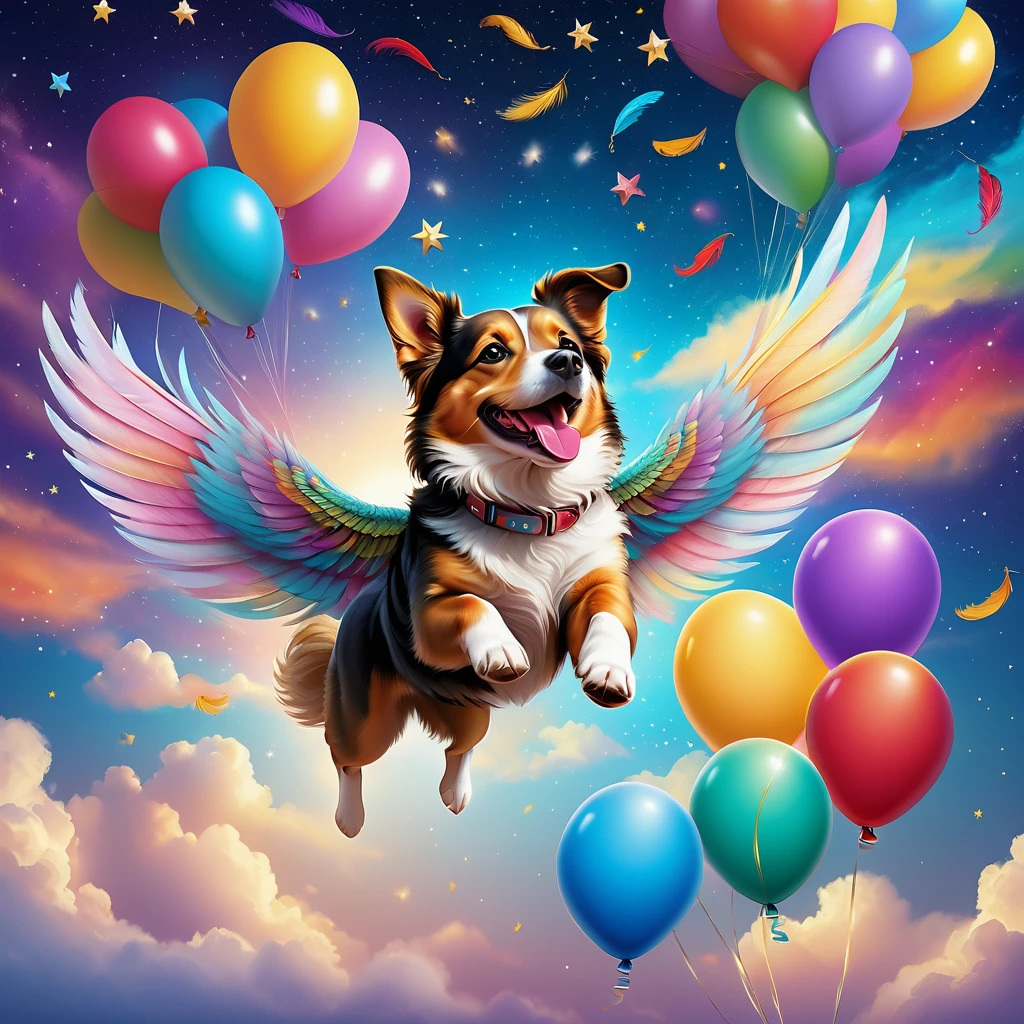 A flying dog with colorful feathers soaring in the sky, surrounded by dreamy background and twinkling stars, accompanied by balloons, wearing a cheerful smile, intricate details, and high-definition image quality. (best quality,4k,8k,highres,masterpiece:1.2),ultra-detailed,(realistic,photorealistic,photo-realistic:1.37),vivid colors,studio lighting