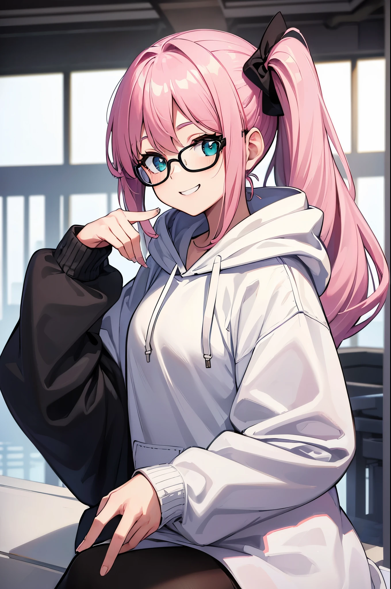 (best quality:1.2,8k,highres,masterpiece:1.2), pink hair ponytail, monochromia, blue eye, green eye, white glasses, 1girl, smile, black hoodie, white skirt