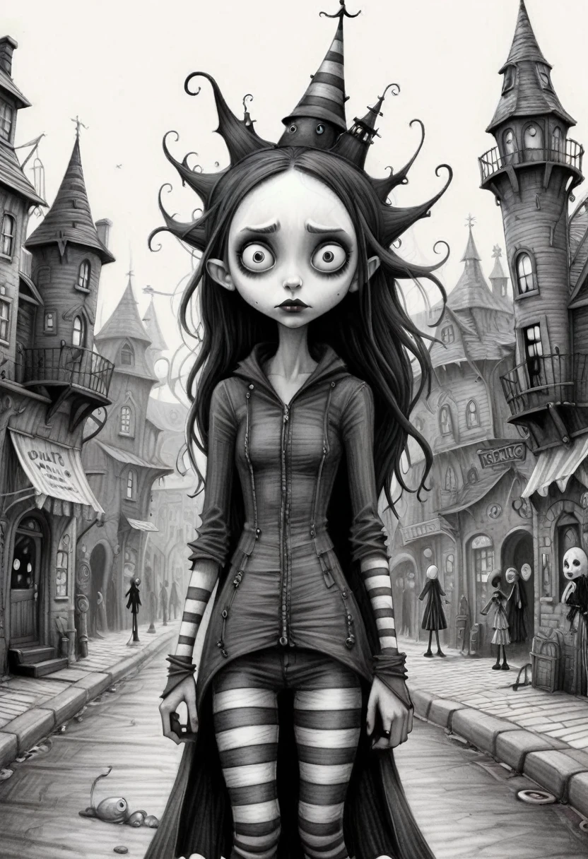 Monochrome (pencil scektch:1.3),(she:1.15) In a Tim Burton-inspired town, By Burton&#39;s juxtaposition&#39;The unique charm and fascinating appeal of geometry、Creates truly captivating and mesmerizing scenes。.,(hand drawn with pencil:1.15), (Tim Burton Style:1.27), Red Star、Red Moon