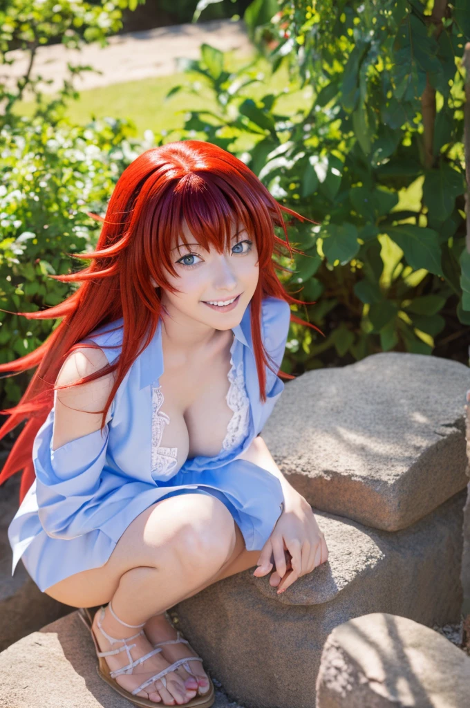 ((master piece)) , (High School DxD) , ((Rias Gremory)) , (red hair) , (long hair) , (blue eyes) , (detailed art style) , (highly detailed) , (finely detailed) , (beautiful girl) , ((photo realistic)) , nude , light smile, outdoors, ,ltxdr3ss