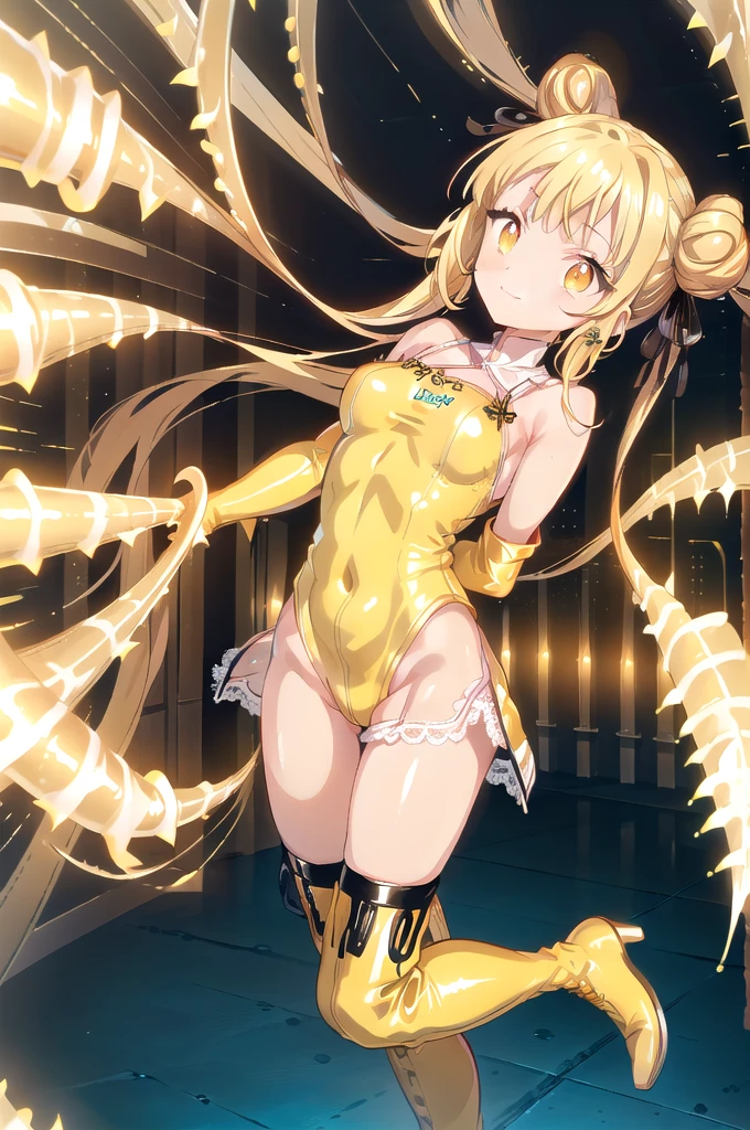 1girl,solo,cowboy shot,standing,(blonde hair:1.6), hair bun, double bun, twintails, hair ornament, blunt bangs,(orange eyes:1.2),yellow pupils,(beautiful fingers:1.6),(perfect anatomy:1.6),(arms_behind_back:1.6),(cold_shoulder:1.2),BREAK,(yellow leather lace glossy silk lamé leotard:1.6),(latex luster shiny glossy metallic:1.6),(shiny_clothes:1.6),medium breasts,beautiful breasts,masterpiece,best quality,(Ultra high definition eyes:1.2),8k,(Beautiful detailed eyes:1.2),(Fine and beautiful eyes:1.2),(pretty eyes:1.2),finely detail,extremely CG, absurdres,high resolution,illustration,Detailed and beautiful outlines,finely detail,high resolution,(colorful refraction:1.4,Increase saturation:1.2),beautiful lighting,dynamic lighting,closed room,black background,simple background, smile,looking at viewer,tao,dress, white dress, sleeveless dress,(yellow thigh boots:1.4)