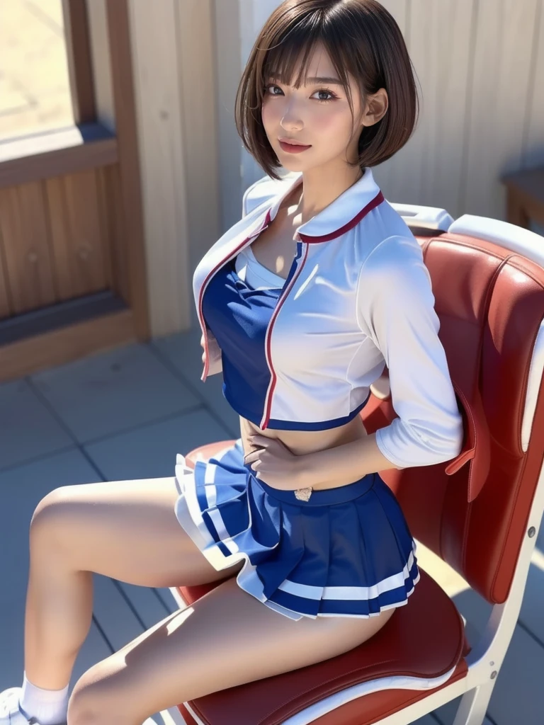 20 year old Japanese woman,((Wearing a cheerleader uniform))(Highly detailed skin),Curvy,,Beautiful big ,(Very large breasts),Pale skin,Pointed Chest,Erect nipples,(Fantasy art,Best image quality,Hyperrealist portrait,(8k),ultra-realistic,最high quality, high quality, High resolution, high quality texture,Attention to detail,Beautiful details,detailed,Extremely detailed CG,detailed Texture,Realistic facial expressions,masterpiece,in front,dynamic,bold),(((short pixie cut))),(Very thin hair),(Very soft hair),(Super Straight Hair:1.5),length, sleek bangs,Very light coppery amber hair,Hair in one eye、(((Wear a cheerleader uniform)))　(((sit astride a high-backed chair)))　(((Sit with your chest against the backrest)))　(((Rear View)))　(((Photo from behind)))　(((not wearing anything under the skirt)))(((Not wearing panties)))　(((She arches her back to Accentuate your butt)))　(((The lines of the body are clearly visible)))、(((Depiction of beautiful fingers)))　(((Beautiful body depiction)))　(((Sit with your legs apart)))、(((Accentuate your butt)))、(((Full body photo)))、(((Low angle photo)))、(((Correct ankle orientation)))(((Correct number of legs)))　