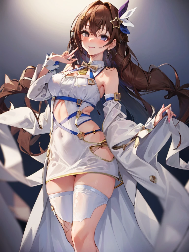 TokinoSora, long hair, star hair ornament, blue eyes,(masterpiece),(best quality),(ultra-detailed),(best illustration),(best shadow),(absurdres),(detailed background),(very aesthetic),1girl,solo,in dim bedroom,heavy breath,standing,bodycon,microdress,puckered lips,shy smile,