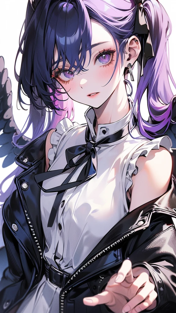 (Top resolution、Distinct_image)top-quality、(A girl) 、masterpiece、highly detailed, half body, Semi-realistic、 ( purple eyes ) 、18year old,
( blue hair ) ,young 、Exquisite facial features、Facial features ,variation potrait, long hair , age, cool , cold sharp eyes, , {Very detailed 8k CG unit wallpaper}, students, whit oversized shirt , black tie, music classroom, (blue jacket on top)