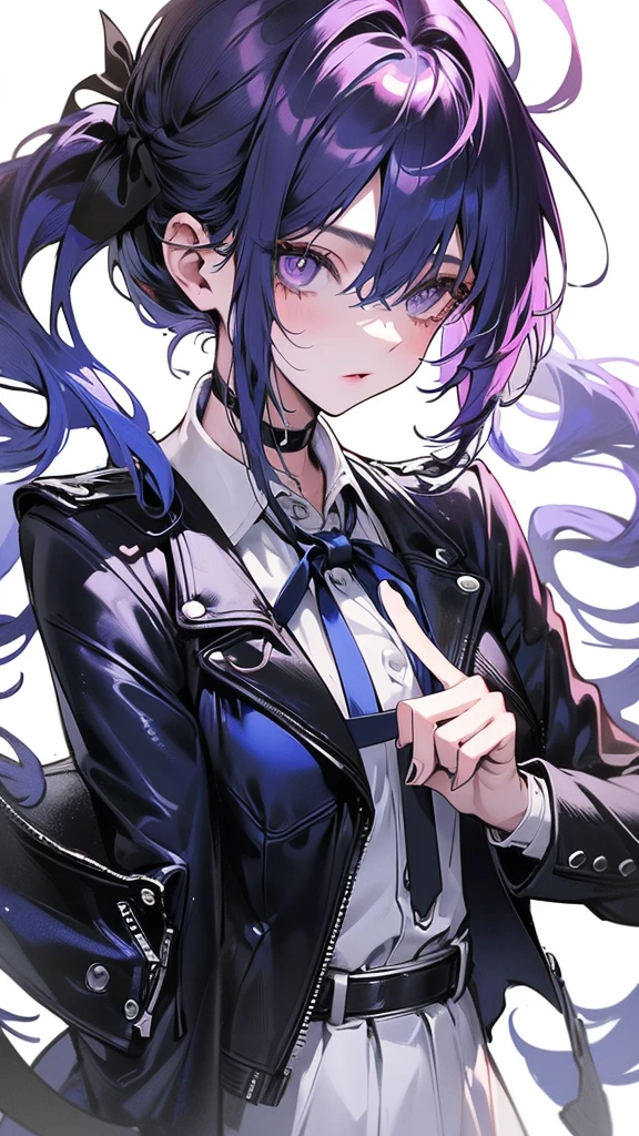 (Top resolution、Distinct_image)top-quality、(A girl) 、masterpiece、highly detailed, half body, Semi-realistic、 ( purple eyes ) 、18year old,
( blue hair ) ,young 、Exquisite facial features、Facial features ,variation potrait, long hair , teenage, cool , cold sharp eyes, , {Very detailed 8k CG unit wallpaper}, students, whit oversized shirt , black tie, music classroom, (blue jacket on top)