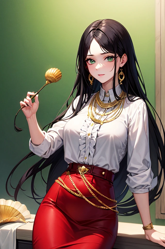 Gypsy with green eyes and black hair, White blouse with gold medal and red skirt with frills, Shell Necklace.