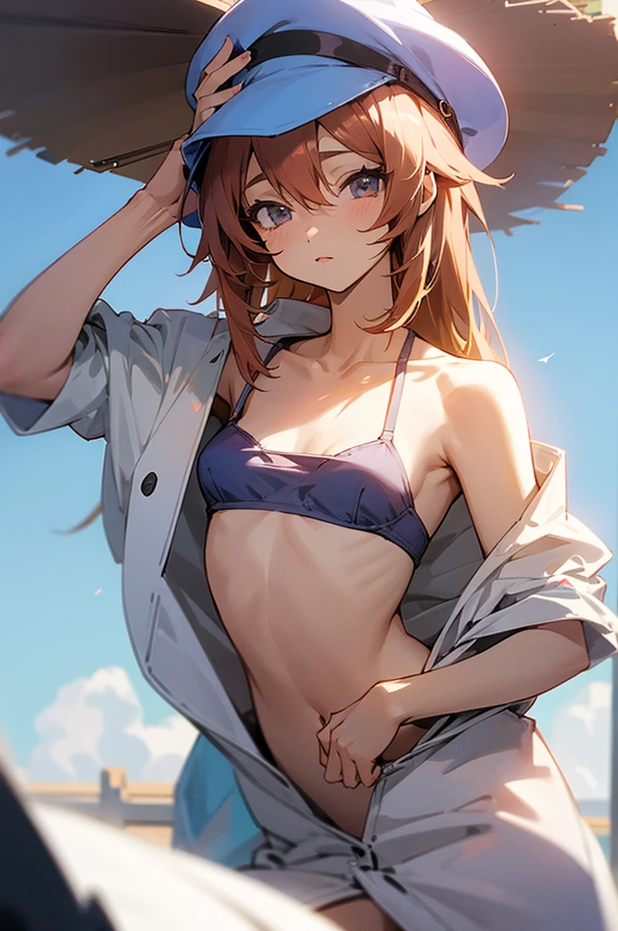 ((masterpiece)),(Highest quality),Official Art,Highly detailed CG,unity 8k wallpaper,Super detailed,Lighthouse on top of a cliff by the sea,One girl,一人in,Cowboy Shot,brown_hair,Dark Skin,Sunburn,brown_eye,smile,short_hair,Looking_in_Audience,blush,short_ponytail,Completely naked, ,((nsfw))