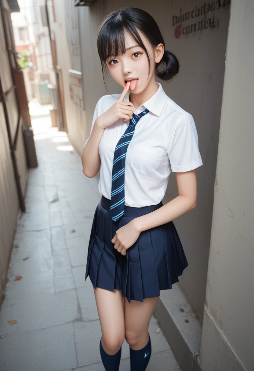 ,collared shirt,Short sleeve,pleated skirt,tie,Navy blue socks,(open mouth:1.5),(tongue out:2),dim,Alley,stand,hand on own chin,skirt lift,lifted by self,front view,cowboy shot,from above,(1girl,Beautiful 14 year old girl,teenager),((Slender,Small breasts,Small face,)),(looking at viewer),Black Hair,bangs,straight,Beautiful and detailed