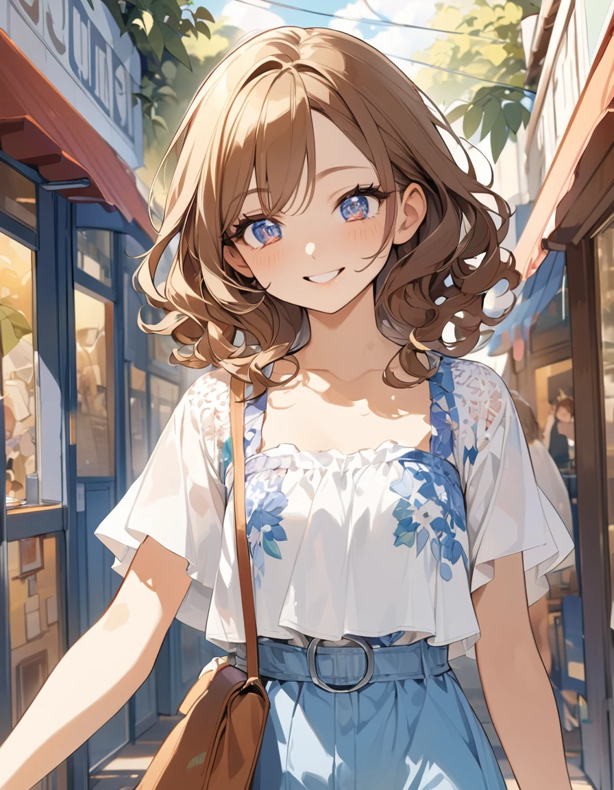 (Top quality illustrations:1.2), (pretty girl:1.1), (1 girl、17 years old、Top quality illustrations:1.2), (1 girl、smile、Small breasts、Highly detailed eyes:1.2)、Brown Hair、short hair、Wavy Hair、Curly Hair、Low Twintails、Summer fashion