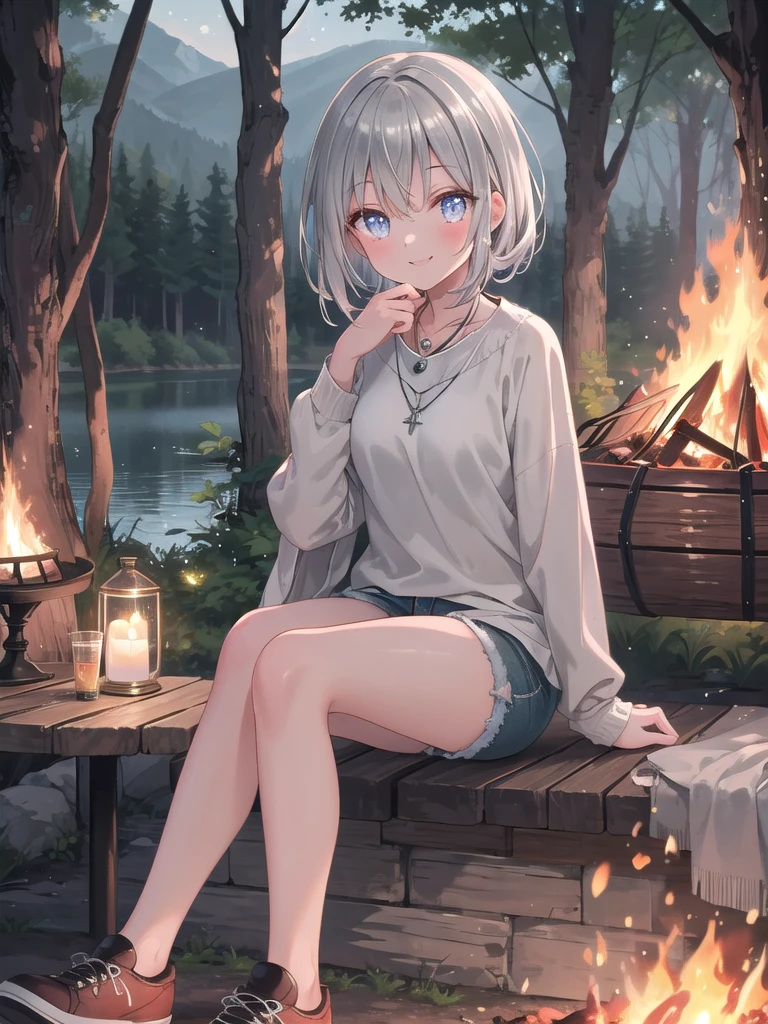 ((8k, best quality, master piece: 1.3)),super high resolution,(1 girl, solo), (colorshift eyes, hyperdetailed, expressive sparkling, glitter, glowing eyes), ultra detailed eyes, ultra-detailed face, random hair, ((silver gray color)), A silver-haired woman is camping by a lake, wearing a soft wool plaid shirt, denim shorts and hiking shoes. A calm lake and forest are in the background, and the light of a campfire creates a warm atmosphere. She is sitting in front of the fire, roasting marshmallows. A silver pendant around her neck shines beautifully, reflecting the light of the flames. She smiles at the camera, looks amused and relaxed.