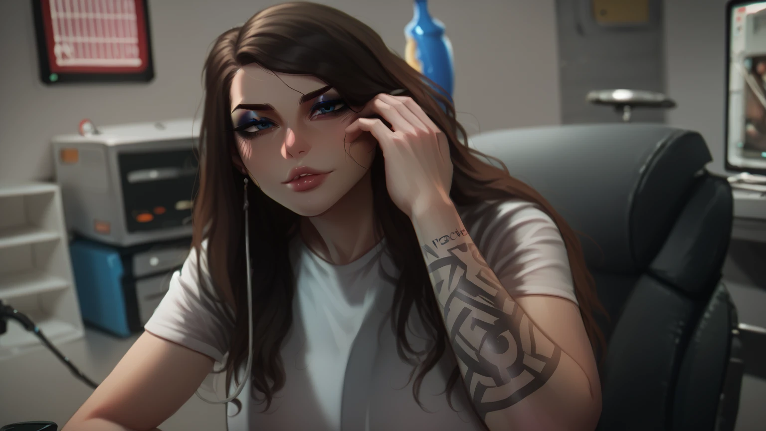 score_9, score_8_up, score_7_up, score_6_up, score_5_up, score_4_up, BREAK 1girl, intricate, white t-shirt (eyeliner:1.2), looking at viewer, detailed background,huge breasts (masterpiece, high quality:1),
