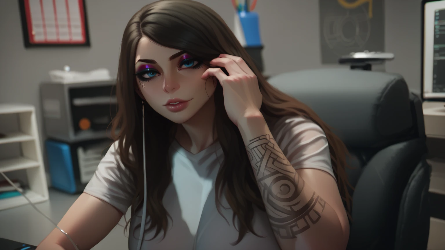score_9, score_8_up, score_7_up, score_6_up, score_5_up, score_4_up, BREAK 1girl, intricate, white t-shirt (eyeliner:1.2), looking at viewer, detailed background,huge breasts (masterpiece, high quality:1),