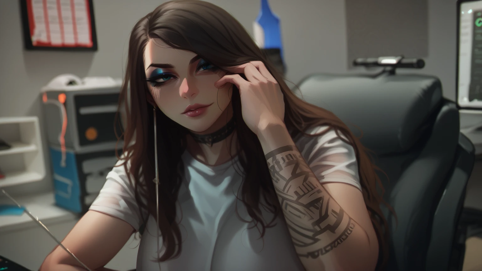 score_9, score_8_up, score_7_up, score_6_up, score_5_up, score_4_up, BREAK 1girl, intricate, white t-shirt (eyeliner:1.2), looking at viewer, detailed background,huge breasts (masterpiece, high quality:1),