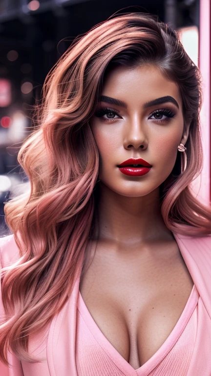 "resolution, realisitic, young woman, 19 years old, Bust Big, detailed face and body ,red lips, Vibrant, photorealisitic, hight contrast,, fashionable outfit, stylish makeup and hair,,,,,,,,,,, confident with tousled waves and(( soft pink lips)), posing in front of a monochromatic urban scene, enhanced by fractal details.