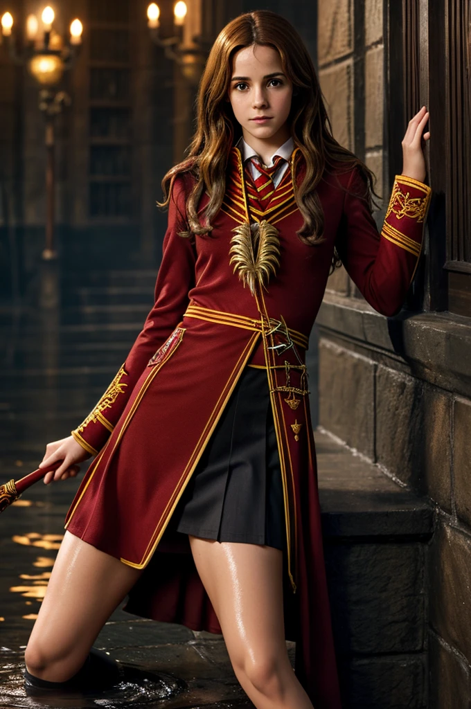 Hermione Granger from Harry Potter sexy and horny ((Gryffindor uniform)), very short miniskirt, deep neckline, VERY TIGHT CLOTHING, sexy, sensual, pose sexy, wet, wet