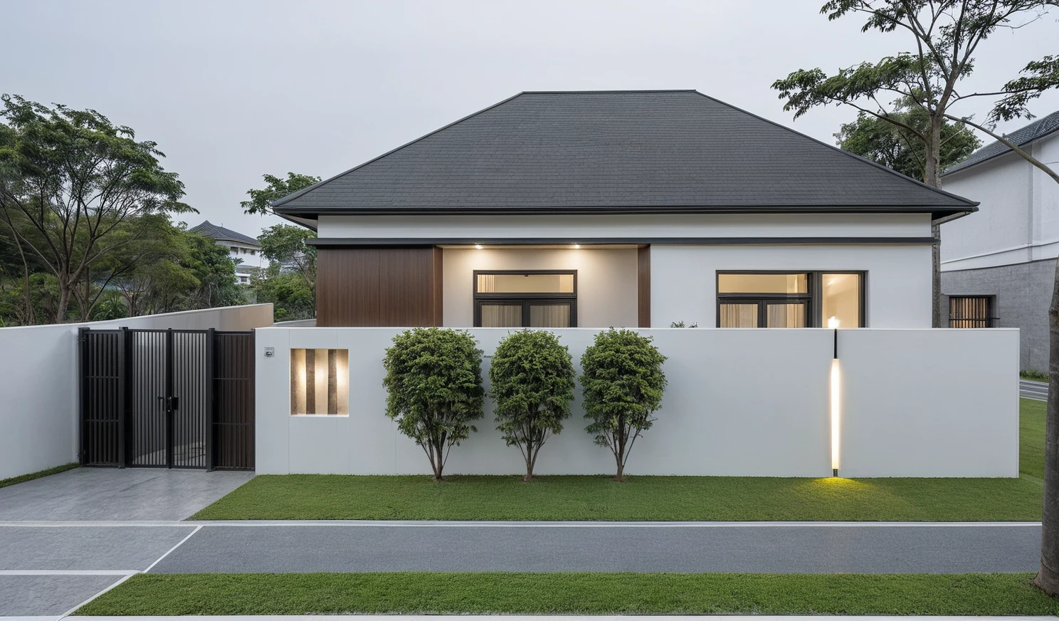 RAW photo, a photo of a modern house, (curvilinear chrchitecture:1.4), Wabisabi style rounded wall, white wall, steel dark gate, sidewalk, sidewalk trees, ((grey gate:1.2)), road, viet nam modern residence, ((architectural shot)), rough white wall, new residential area, wide angle exterior 2022, contemporary house, exterior photography, masterpiece, contemporary architecture, overcast, indirect lighting