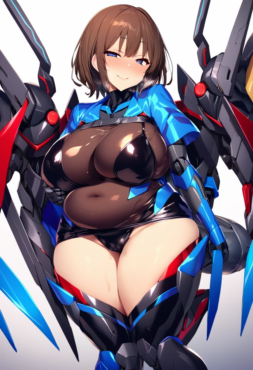 Highest quality,Masterpiece,High resolution,Super detailed,perfect anatomy,extremely detailed CG,girl,(Full body painting)、No correction、(((Sato Air)))、(Character portrait)、Fighter of Justice、((Lori))、One unparalleled beautiful girl,Short Hair,Brown Hair,Blue Eyes,Big Breasts,Big Butt、Glossy black bodysuit、A plump and seductive body、The ultimate female body、smile,cute,Refreshing belly,,See-through clothing、Shiny skin、Wearing a mechanical miniskirt、((Mecha Girl))、Knee socks、(Has mechanical bird wings on his back)、(Has a mechanical tail)、(Mechanical Limbs)、(Background is a ruined city)、(Hand guard)、
