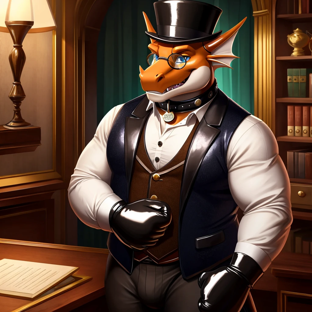 Solo, Male, fat, extremely obese, gentleman, dapper Professor Dragon, blue eyes, (posing:1.3), (soft shading), 4k, hi res, ((detailed face, detailed)), looking at viewer, mouth wide open, steampunk, dapper clothing, collared shirt with buttons, top hat, male focus, Explorer Outfit, glasses, monocle, vest with buttons, sleeves rolled up, round eyewear, brown headwear, brown vest, office, Dragon is wearing a glossy leather dog collar around the neck, Dragon is wearing the leather collar and shirt and vest at the same time, Dragon is wearing glossy white rubber gloves on the hands, wearing white rubber gloves on the feet, gloves are rubber in texture, clenching teeth, clenching fists, leather collar is glossy and shiny with a lot of detail, Dragon is wearing gloves and leather collar at the same time, leather collar has a round dog-tag, leather collar is thick and detailed, leather collar is glossy and shiny, fancy clothing, dapper vest, dapper shirt, leather collar is thick, glossy leather collar.
