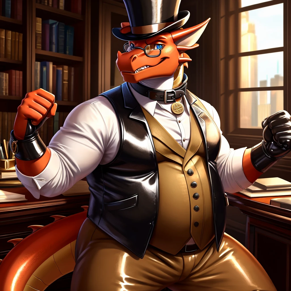 Solo, Male, fat, extremely obese, gentleman, dapper Professor Dragon, blue eyes, (posing:1.3), (soft shading), 4k, hi res, ((detailed face, detailed)), looking at viewer, mouth wide open, steampunk, dapper clothing, collared shirt with buttons, top hat, male focus, Explorer Outfit, glasses, monocle, vest with buttons, sleeves rolled up, round eyewear, brown headwear, brown vest, office, Dragon is wearing a glossy leather dog collar around the neck, Dragon is wearing the leather collar and shirt and vest at the same time, Dragon is wearing glossy white rubber gloves on the hands, wearing white rubber gloves on the feet, gloves are rubber in texture, clenching teeth, clenching fists, leather collar is glossy and shiny with a lot of detail, Dragon is wearing gloves and leather collar at the same time, leather collar has a round dog-tag, leather collar is thick and detailed, leather collar is glossy and shiny, fancy clothing, dapper vest, dapper shirt, leather collar is thick, glossy leather collar.