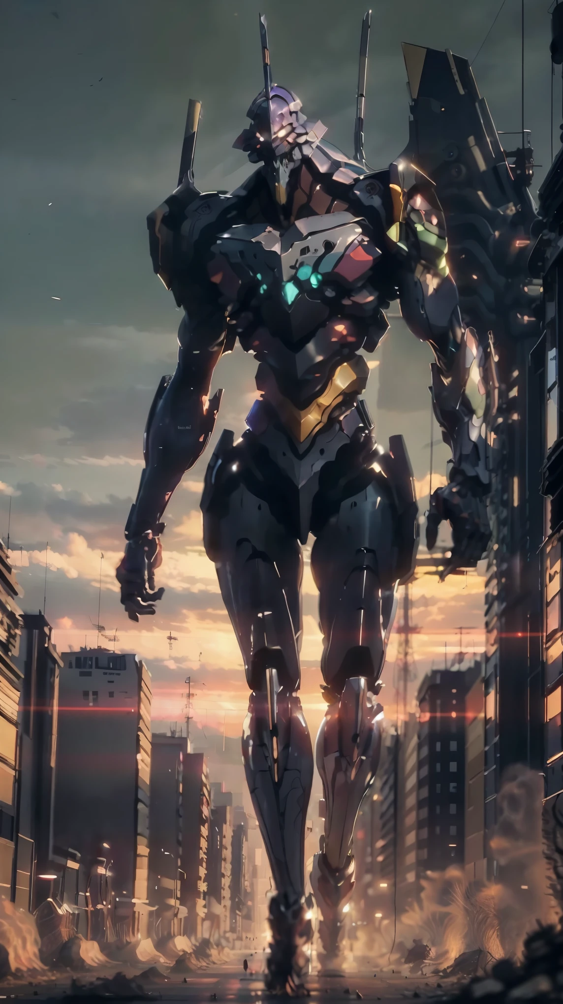 A highly detailed and realistic full body portrait of Eva 01, a biomechanical anime character, walking between Tokyo city buildings, dramatic lighting, cinematic composition, volumetric fog, intricate mechanical details, dynamic pose, shiny metallic textures, background neon-lit cityscape, hyper-detailed, 8K, photorealistic,Eva 01,realistic,full body,walking between buildings,view from below