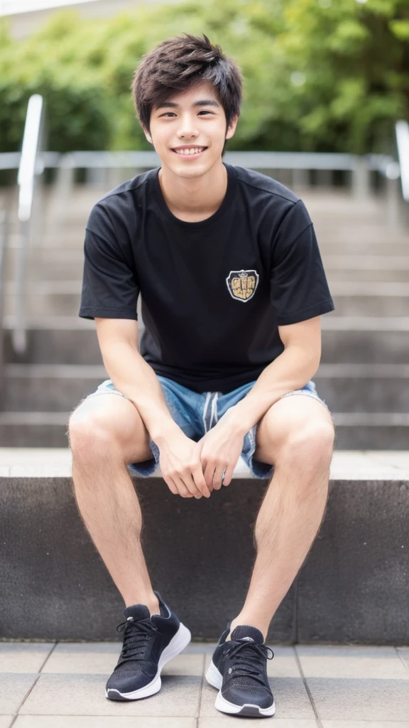 Japanese, male, university student, Wearing shorts, Sitting, ((full body)), (super sharp focus), (Hairy legs), smile, Anatomically correct, 