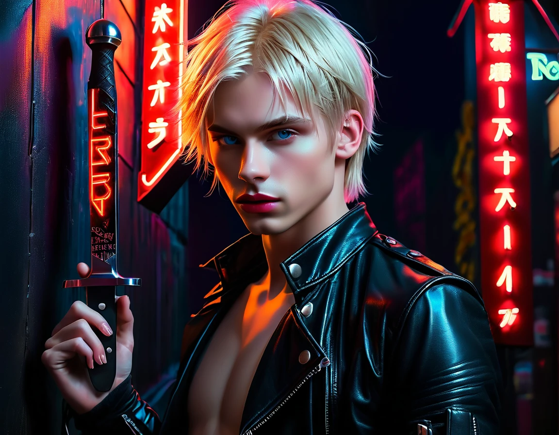 Hyper realistic, dark vibes, solo, young man, feminine face, 22 years, pale skin, model (skinny:1.2), blue eyes, (short textured blond hair:1.2), tussled side swept fringe to the right, black leather jacket, holding knife, night BDSM club background, foreboding, sexy, attractive, demon, (red neon sign that says "CONTEXT":1.2)