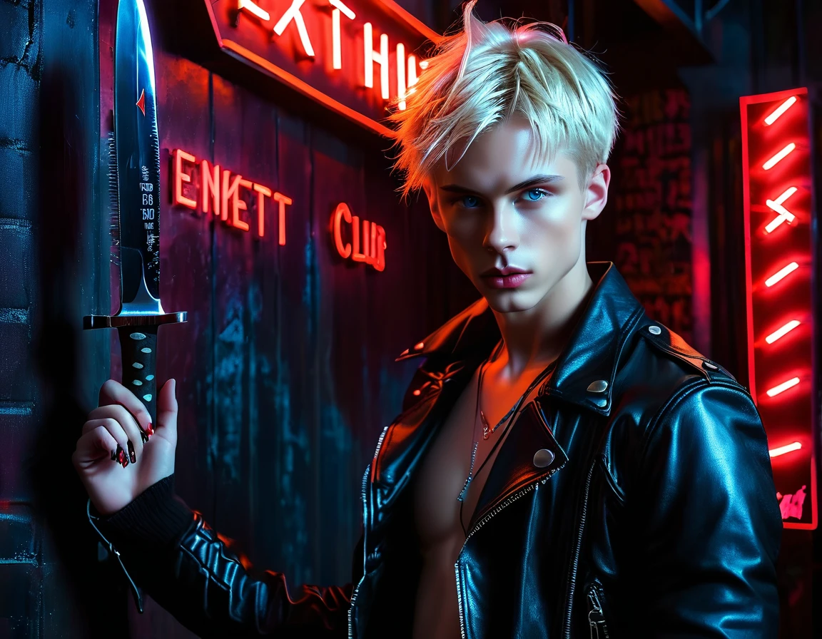 Hyper realistic, dark vibes, solo, young man, feminine face, 22 years, pale skin, model (skinny:1.2), blue eyes, (short textured blond hair:1.2), tussled side swept fringe to the right, black leather jacket, holding knife, night BDSM club background, foreboding, sexy, attractive, demon, (red neon sign that says "CONTEXT":1.2)